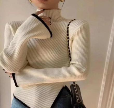 Chic Contrast Trim High-Neck Sweater