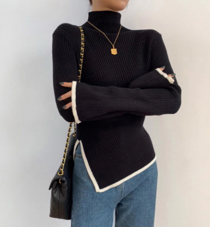 Chic Contrast Trim High-Neck Sweater